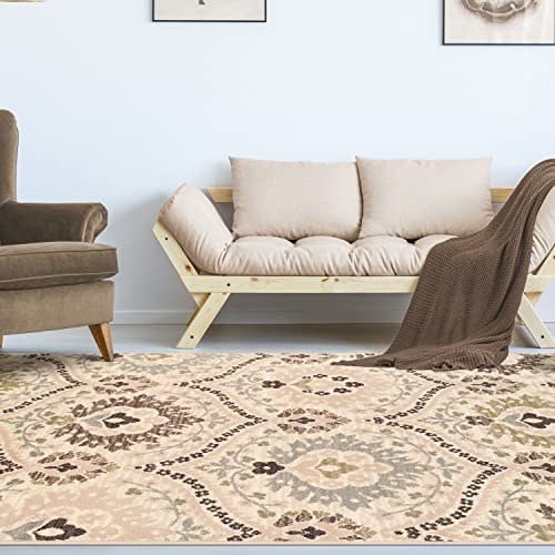 SUPERIOR Indoor Runner Rug, Jute Backed, Modern Oriental Floral Damask Floor Decor for Office, Living Room, Bedroom, Entryway, Nursery Hardwood, Tile, Augusta Collection - 8ft x 10ft , Multi-Colored