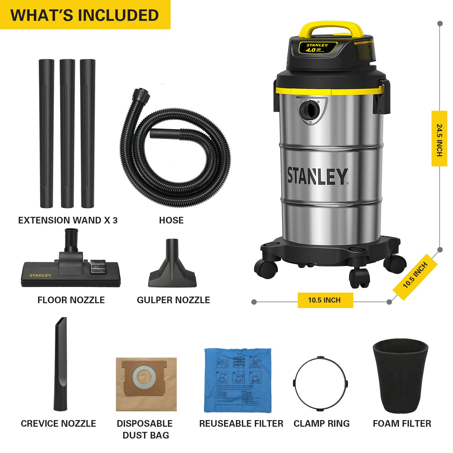 Stanley Wet/Dry Vacuum, 5 Gallon, 4 Horsepower, Stainless Steel Tank - Silver+yellow+black - SL18130