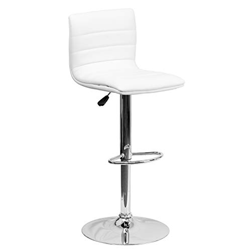 Flash Furniture Vincent Modern White Vinyl Adjustable Bar Stool with Back, Swivel Stool with Chrome-Pedestal Base and Footrest