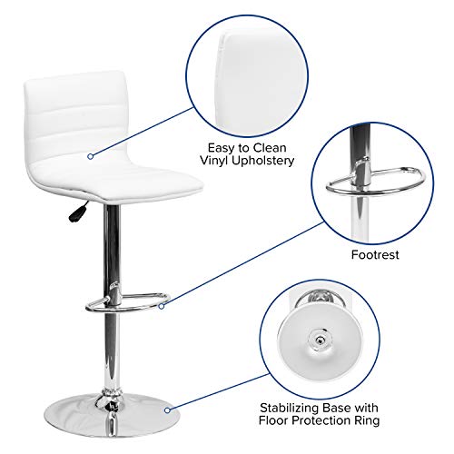 Flash Furniture Vincent Modern White Vinyl Adjustable Bar Stool with Back, Swivel Stool with Chrome-Pedestal Base and Footrest