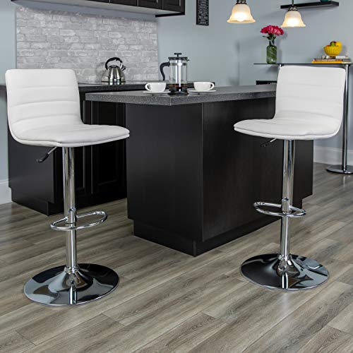 Flash Furniture Vincent Modern White Vinyl Adjustable Bar Stool with Back, Swivel Stool with Chrome-Pedestal Base and Footrest