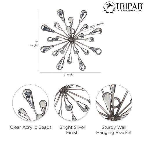 TRIPAR Small 7" DIA Silver Starburst Wall Decor Art - Made with Clear Acrylic Beads, Sparkly Metal Wall Decal Burst, Easy Mount