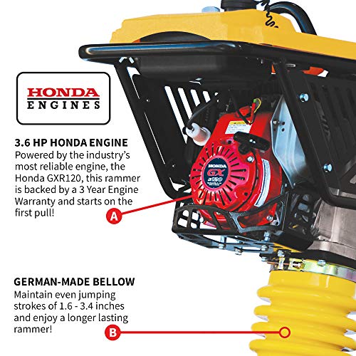 Tomahawk 4 HP Honda Vibratory Rammer Jumping Jack Tamper with Honda GX120R Engine Compaction Force 3,550 lbs. per Square ft (TR68H Rammer)