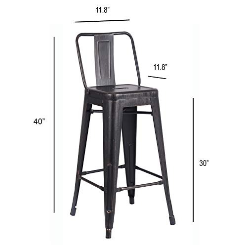 AC Pacific Modern Industrial Metal Bar Stool, Bucket Back and 4 Leg Design Ideal for Kitchen Island or Counter Top, Set of 2, 30" Seat, Distressed Black