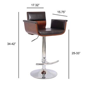 AC Pacific Adjustable Height Swivel Bar Stool - Modern Kitchen Counter Pub Chair with Cushioned Seat, Armrests and Back, 24"-33", Black/Wood