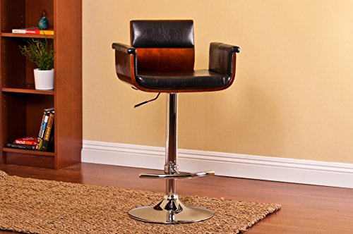 AC Pacific Adjustable Height Swivel Bar Stool - Modern Kitchen Counter Pub Chair with Cushioned Seat, Armrests and Back, 24"-33", Black/Wood
