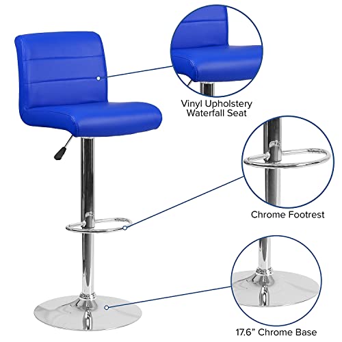 Flash Furniture Marietta 2 Pk. Contemporary Blue Vinyl Adjustable Height Barstool with Rolled Seat and Chrome Base