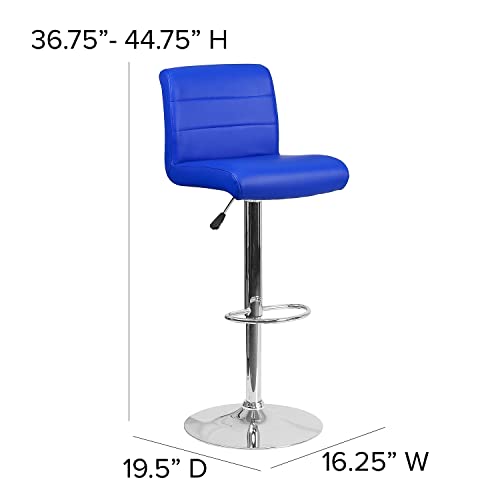 Flash Furniture Marietta 2 Pk. Contemporary Blue Vinyl Adjustable Height Barstool with Rolled Seat and Chrome Base