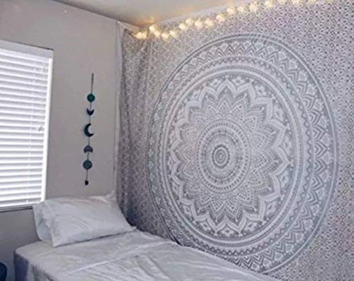 Popular Handicrafts Tapestry Queen Silver Ombre Mandala Hippie Wall Hanging Bohemian Bedspread With Extra Metallic Shine tapestries 84x90 Inches