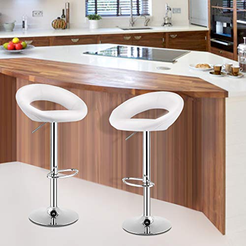 COSTWAY Bar Stools, Set of 2 Modern Swivel Adjustable Barstool, PU Leather Backless Stools, with Chrome Plated Footrest and Base, for Kitchen, Bistro, Pub, White