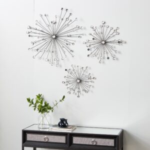 deco 79 metal sunburst wall decor with crystal embellishment, set of 3 16", 20", 24"w, black