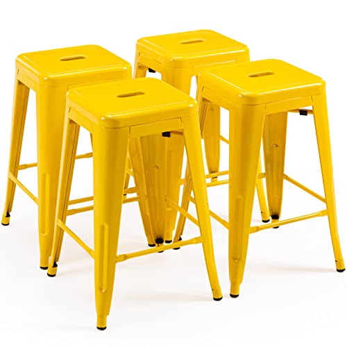 Vogue Furniture Direct 24" High Barstools Backless Yellow Metal Barstool Indoor-Oudoor Counter Height Stool with Square Seat, Set of 4 - VF1571019-4