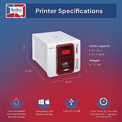 Evolis Zenius Single Sided ID Card Printer & Complete Supplies Package with Bodno Bronze Edition ID Software