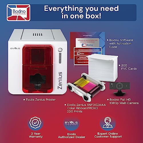 Evolis Zenius Single Sided ID Card Printer & Complete Supplies Package with Bodno Bronze Edition ID Software