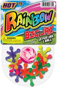 ja-ru hot rainbow big jax retro jaxs. 1 large hi bounce ball and 10 large colorful rubber jacks. party favors game toy for kids and adults boys and girls toys. 731-1b