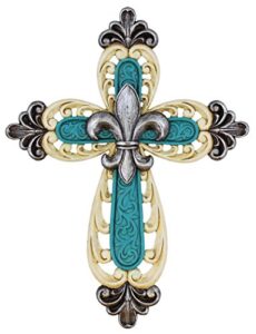 ornate fleur de lis layered wall cross decorative scrolly details - antique white & teal with silver finials