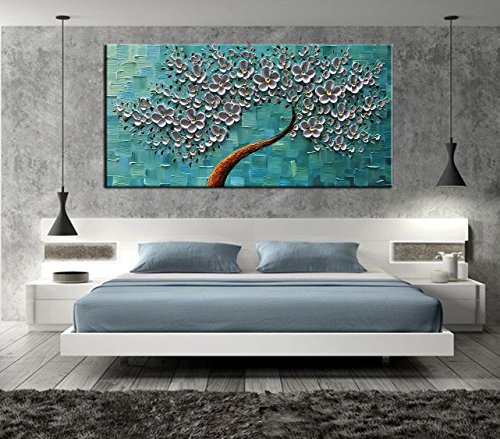 YaSheng Art - 100% hand painted Oil Painting On Canvas Texture Palette Knife silver Flowers Paintings Modern Home Decor Wall Art Painting 3D Abstract Artwork Paintings (20x40inch)