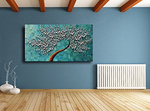 YaSheng Art - 100% hand painted Oil Painting On Canvas Texture Palette Knife silver Flowers Paintings Modern Home Decor Wall Art Painting 3D Abstract Artwork Paintings (20x40inch)