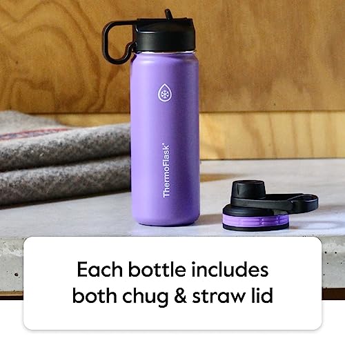 Thermoflask Double Wall Vacuum Insulated Stainless Steel Water Bottle with Two Lids, 24 Ounce, White