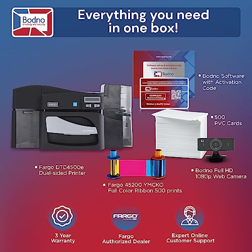 Bodno Fargo DTC4500e Dual Sided ID Card Printer & Complete Supplies Package ID Software - Bronze Edition