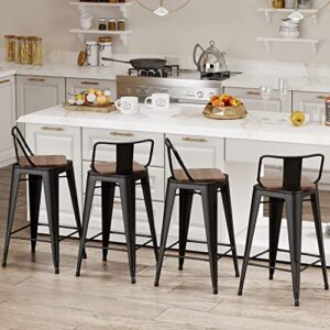 Changjie Furniture Swivel Metal Bar Stools Kitchen Counter Height Stools Industrial Barstools Set of 4 (Swivel 24 inch,Matte Black Wooden)