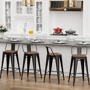 Changjie Furniture Swivel Metal Bar Stools Kitchen Counter Height Stools Industrial Barstools Set of 4 (Swivel 24 inch,Matte Black Wooden)