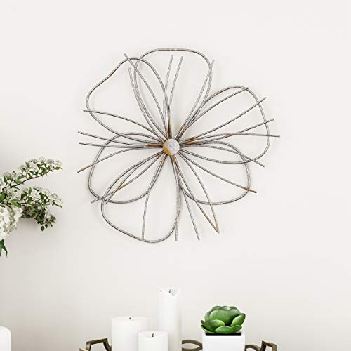 Lavish Home Wall Decor – Metallic Wire Layer Flower Sculpture Contemporary Hanging Accent Art for Living Room, Bedroom or Kitchen (Silver and Gold), 15” L x 1.75” W x 15” H