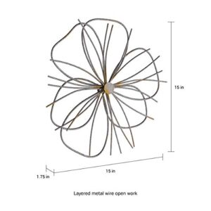 Lavish Home Wall Decor – Metallic Wire Layer Flower Sculpture Contemporary Hanging Accent Art for Living Room, Bedroom or Kitchen (Silver and Gold), 15” L x 1.75” W x 15” H