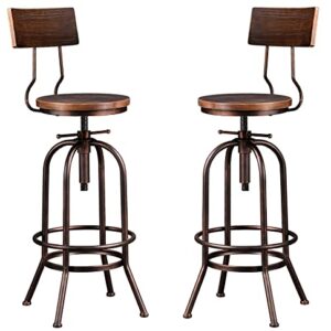 LOKKHAN Industrial Bar Stool-Adjustable Swivel Round Wood Metal Kitchen Stool-26-32.3 Inch Rustic Farmhouse-Counter Height Extra Tall Bar Height Stool,Arc-Shaped Backrest,Welded,Set of 2