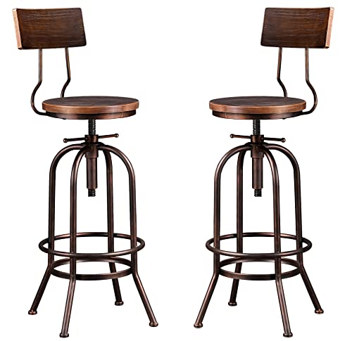 LOKKHAN Industrial Bar Stool-Adjustable Swivel Round Wood Metal Kitchen Stool-26-32.3 Inch Rustic Farmhouse-Counter Height Extra Tall Bar Height Stool,Arc-Shaped Backrest,Welded,Set of 2