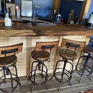 LOKKHAN Industrial Bar Stool-Adjustable Swivel Round Wood Metal Kitchen Stool-26-32.3 Inch Rustic Farmhouse-Counter Height Extra Tall Bar Height Stool,Arc-Shaped Backrest,Welded,Set of 2