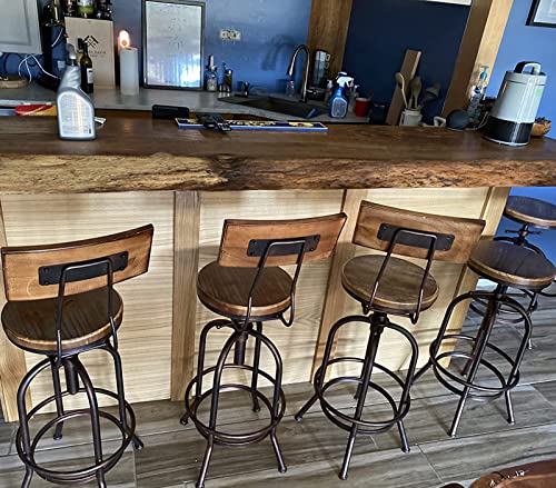 LOKKHAN Industrial Bar Stool-Adjustable Swivel Round Wood Metal Kitchen Stool-26-32.3 Inch Rustic Farmhouse-Counter Height Extra Tall Bar Height Stool,Arc-Shaped Backrest,Welded,Set of 2