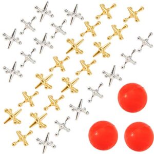 biubee 3 sets retro metal jacks and ball game- 30 pcs gold and silver toned jacks with 3 red rubber bouncy balls, classic game of jacks for party favor, game prizes, kids and adult of all ages