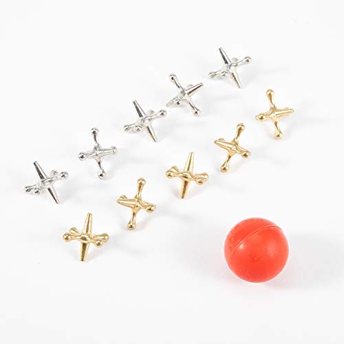 Biubee 3 Sets Retro Metal Jacks and Ball Game- 30 Pcs Gold and Silver Toned Jacks with 3 Red Rubber Bouncy Balls, Classic Game of Jacks for Party Favor, Game Prizes, Kids and Adult of All Ages