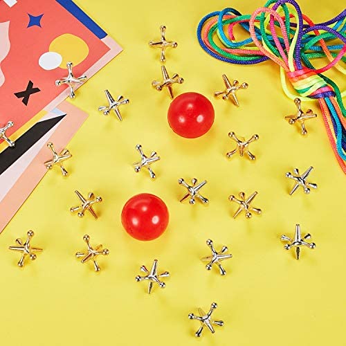 Gejoy 4 Set Jacks Game Christmas Toys Kit, Include 40 Pieces Metal Jacks and 4 Pieces Red Rubber Balls with Bag for Kids and Adults