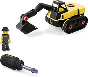 stanley jr take apart excavator kit for kids tt007-sy: children’s 25 piece yellow stem construction toy truck with figure, screwdriver, bolts, ages 3+