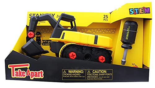 Stanley Jr Take Apart Excavator Kit for Kids TT007-SY: Children’s 25 Piece Yellow STEM Construction Toy Truck with Figure, Screwdriver, Bolts, Ages 3+