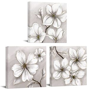 sechars 3 piece flower wall art white and gold floral canvas print with wood frame vintage still life painting for bedroom bathroom decor stretched canvas ready to hang (white, 12"x12"x3pcs)