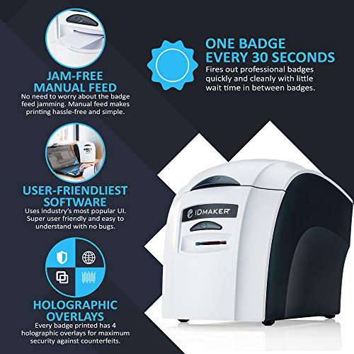 ID Maker Card Printer Machine & Supply Kit for Badge Printing - Print Professional Quality 1 Sided Identification Badges - IDMaker Software, Premium Camera, 100-Print Color Ribbon, 100 Blank PVC Cards