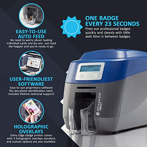 ID Maker Card Edge 2 Sided Printer Machine & Supply Kit for Badge Printing - Print Professional Quality Identification Badges - IDMaker Software, Premium Camera, 200-Print Color Ribbon, 100 PVC Cards