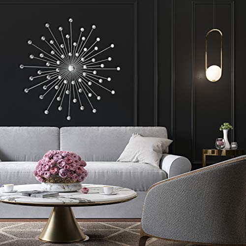 WHW Whole House Worlds Brilliant Burst Wall Decor, Silver Metal, Powder Coated Iron, Inset Acrylic Faux Diamonds, Integrated Keyhole Hanger, 19 Inches Diameter, 1.25 Deep, Height 1.1