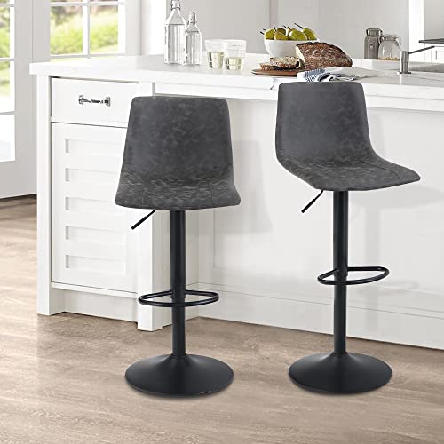 ALPHA HOME 2 Pack Bar Chairs, 360 Degree Swivel Bar Stools Set of 2 with PU Leather, Counter Stools for Kitchen Counter with 300 LBS Capacity, Adjustable Counter Height Bar Stools with Back, Grey