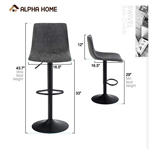 ALPHA HOME 2 Pack Bar Chairs, 360 Degree Swivel Bar Stools Set of 2 with PU Leather, Counter Stools for Kitchen Counter with 300 LBS Capacity, Adjustable Counter Height Bar Stools with Back, Grey