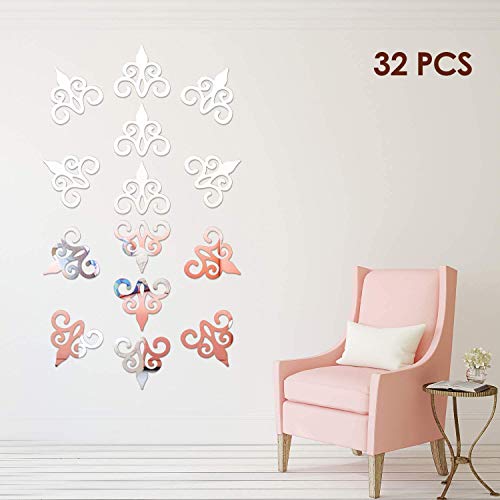 32 Pcs Acrylic Mirror Wall Stickers Home Decor Mirror Decals Silver Mirror Wall Decor for Living Room Decor Ceiling Mirrors for Bedroom Door Adhesive Art Bathroom Hollow Removable Mirror, 5 x 5 Inch