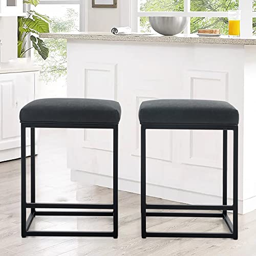 ALPHA HOME 24" Bar Stool Counter Height Bar Stools with Footrest Pu Leather Backless Kitchen Dining Cafe Chair with Thick Cushion & Sturdy Chromed Metal Steel Frame Base for Indoor Outdoor,Black,2PC