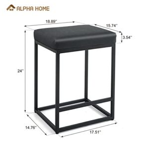 ALPHA HOME 24" Bar Stool Counter Height Bar Stools with Footrest Pu Leather Backless Kitchen Dining Cafe Chair with Thick Cushion & Sturdy Chromed Metal Steel Frame Base for Indoor Outdoor,Black,2PC