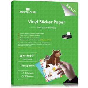mecolour premium printable vinyl sticker paper transparent 20 clear sheets, no-waterproof, vivid colors, tear resistant - for any inkjet printer