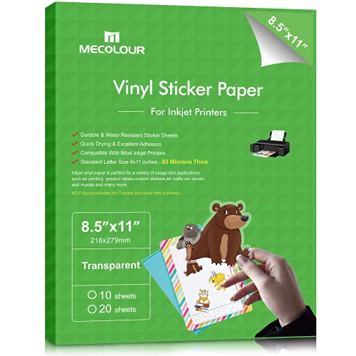 MECOLOUR Premium Printable Vinyl Sticker Paper Transparent 20 Clear Sheets, No-waterproof, Vivid Colors, Tear Resistant - for Any Inkjet Printer