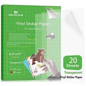 MECOLOUR Premium Printable Vinyl Sticker Paper Transparent 20 Clear Sheets, No-waterproof, Vivid Colors, Tear Resistant - for Any Inkjet Printer