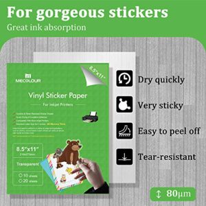 MECOLOUR Premium Printable Vinyl Sticker Paper Transparent 20 Clear Sheets, No-waterproof, Vivid Colors, Tear Resistant - for Any Inkjet Printer